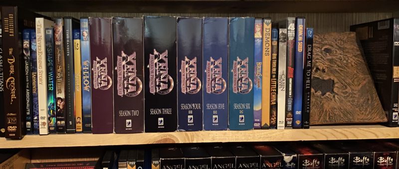 Xena DVDs on a bookshelf