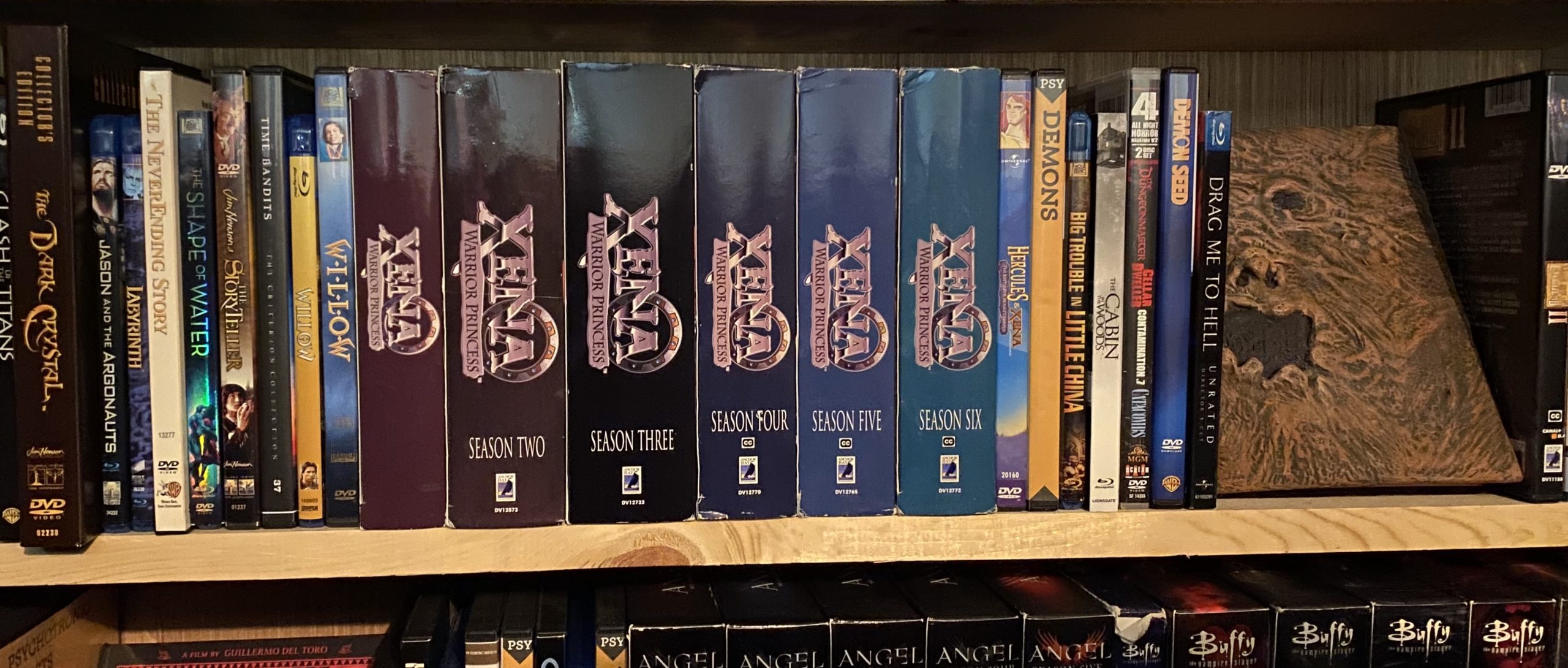 Xena DVDs on a bookshelf